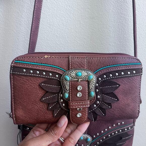 American Bling Wing Buckle Western Boho Crossbody and Wallet Set-Brown NWT - Picture 3 of 7